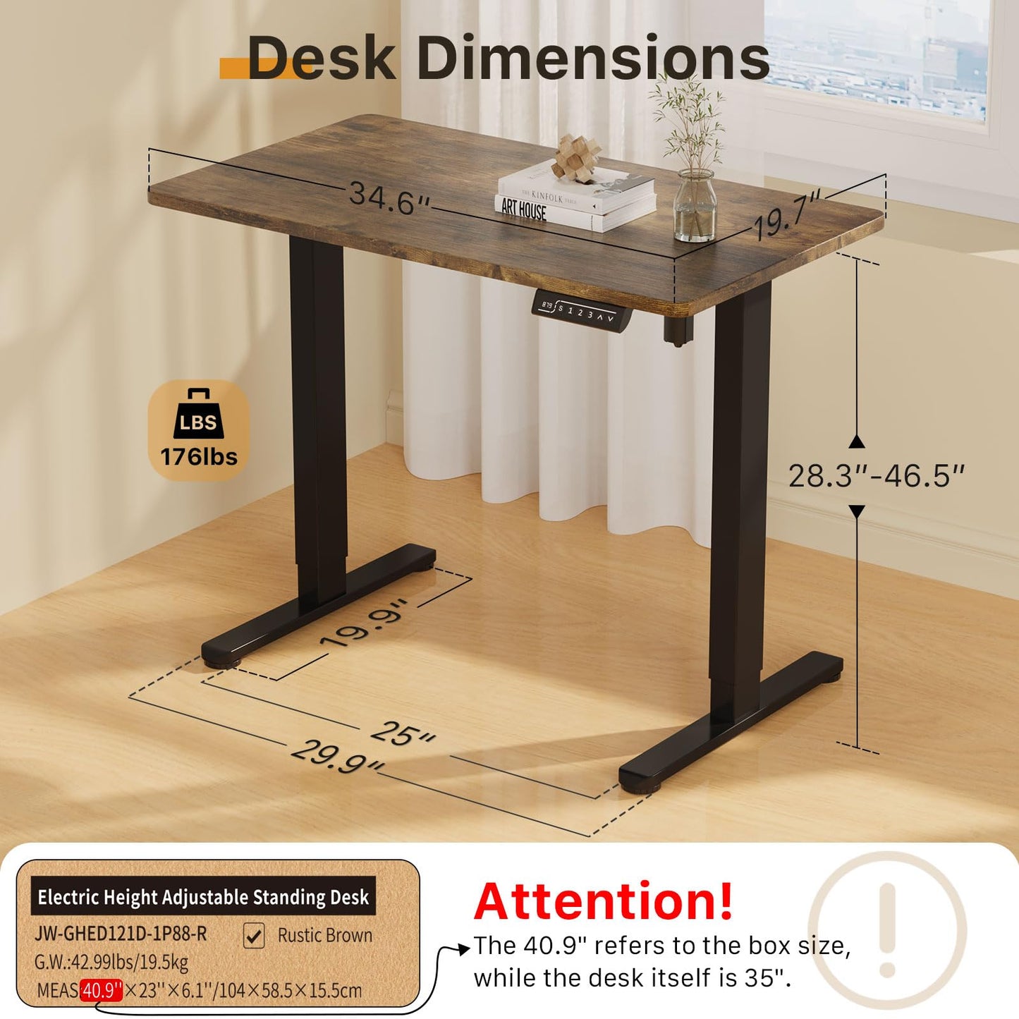 JOY worker Small Electric Standing Desk, 35" x 20" Whole Piece Height Adjustable Desk with Memory Controller, Sit to Stand Desk Workstation for Home Office, Rustic Brown