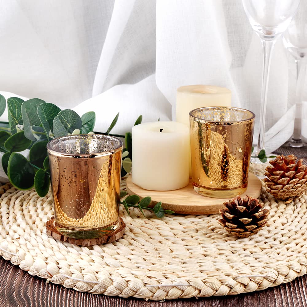 BTGLLAS 36pcs Gold Glass Tea Light Holders - Votive Candle Holders Bulk for Weddings Events - Glass Votives for Wedding Centerpieces, Christmas, Thanksgiving - Candle Accessories Decor (36, Gold)