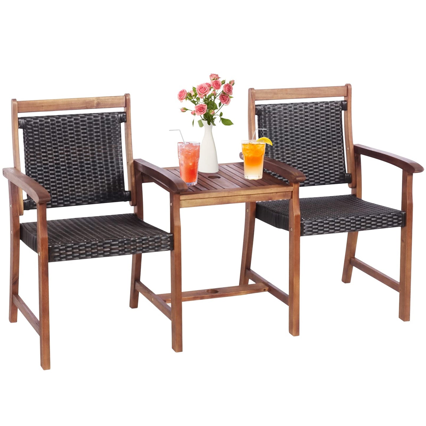 Tangkula Acacia Wood Garden Bench, Patiojoy Rattan Companion Loveseat Chair with Coffee Table and Parasol Hole, 2-Seater Outdoor Conversation Furniture Set for Backyard, Poolside, Balcony (Brown)