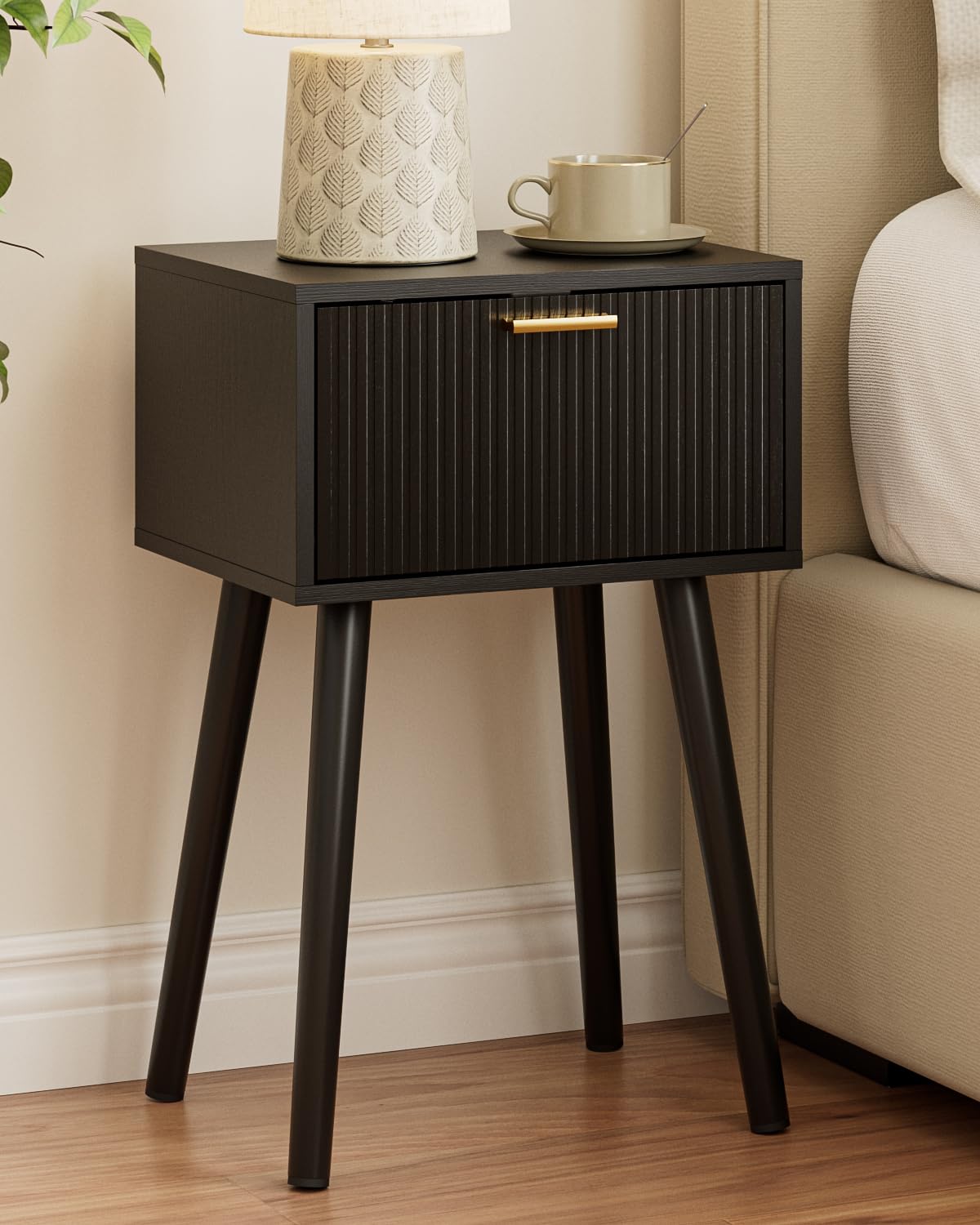 ASACESCU Night Stand, Black Nightstand with Fluted Door, Small Modern Mid-Century Bedside Table for Bedroom, End Table for Living Room