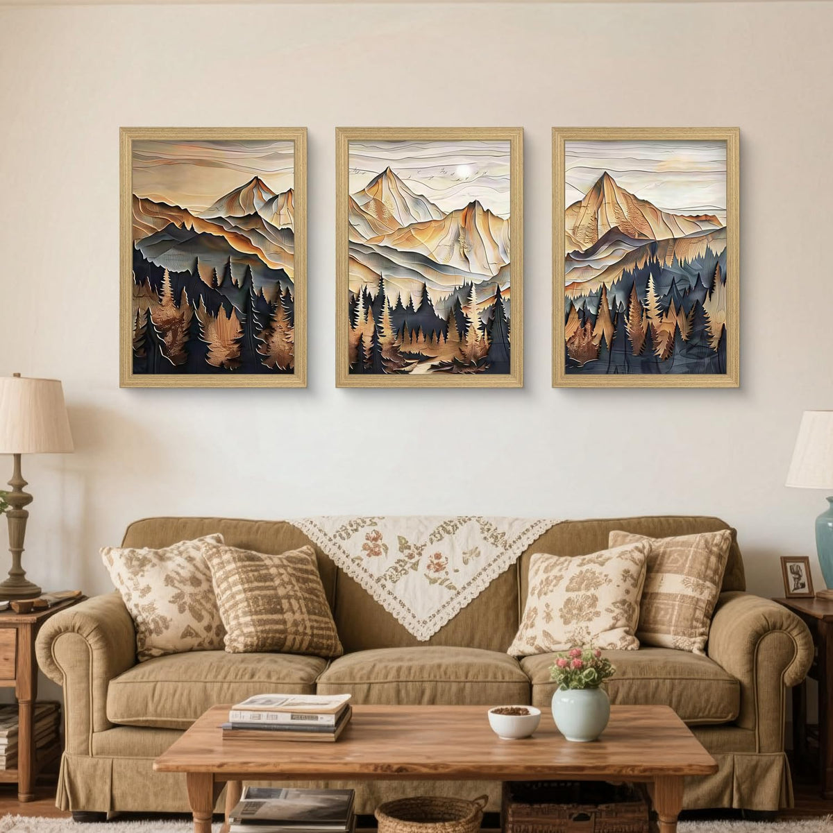 Framed 3D Texture Mountain View Canvas Wall Art Landscape Oil Painting Nature Poster Gallery Relief Technology Artwork Forest Scenery Wall Decor Painting Living Office 16x24inchX3 Ready to Hang