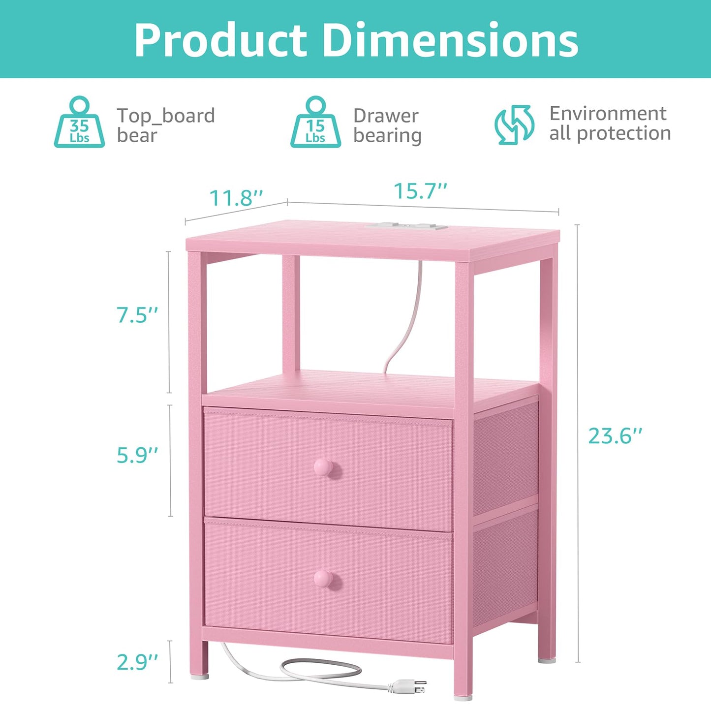 BOLUO Pink Nightstand with Charging Station, LED Night Stand with 2 Fabric Drawers, Bedside Table with USB Ports and Outlets, Nightstand for Bedroom Modern