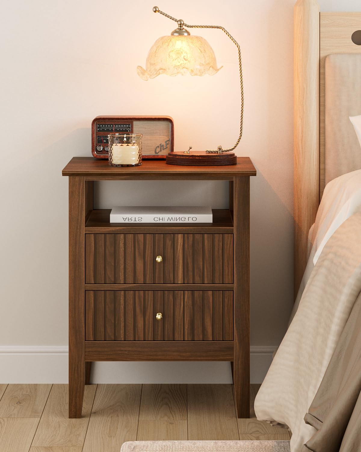 Apetaccat Fluted Nightstand, Farmhouse Night Stand with 2 Drawers, Mid Century Modern Side Accent Table,Bedside End Table for Bedroom, Living Room, Brown