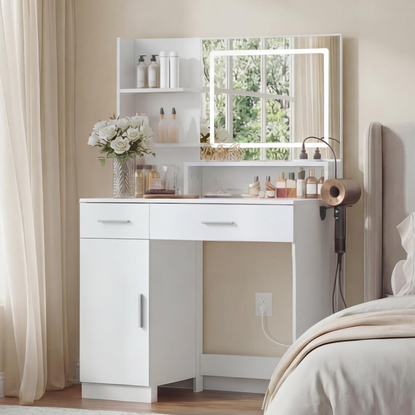 ProsperHaven Vanity Desk with LED Mirror and Lights, Makeup Vanity Table with Power Outlet, Drawers, Cabinet, Dressing Table with Open Storage Shelves for Bedroom, Dressing Room, White
