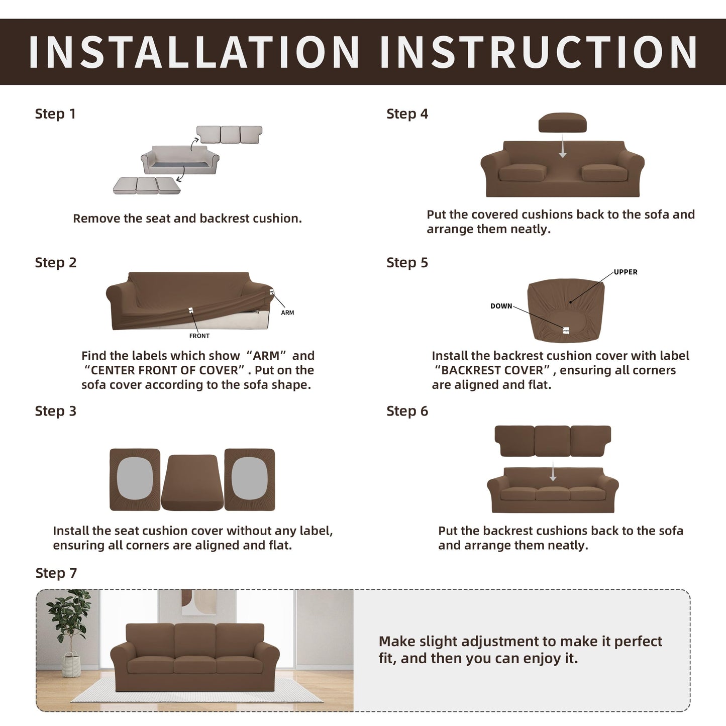 Easy-Going 7 Pieces Stretch Couch Cover Washable Sofa Cover Set for 3 Backrest and Seat Cushion Couch Anti-Slip Sofa Slipcover Furniture Protector with Elastic Bottom (Large, Brown)