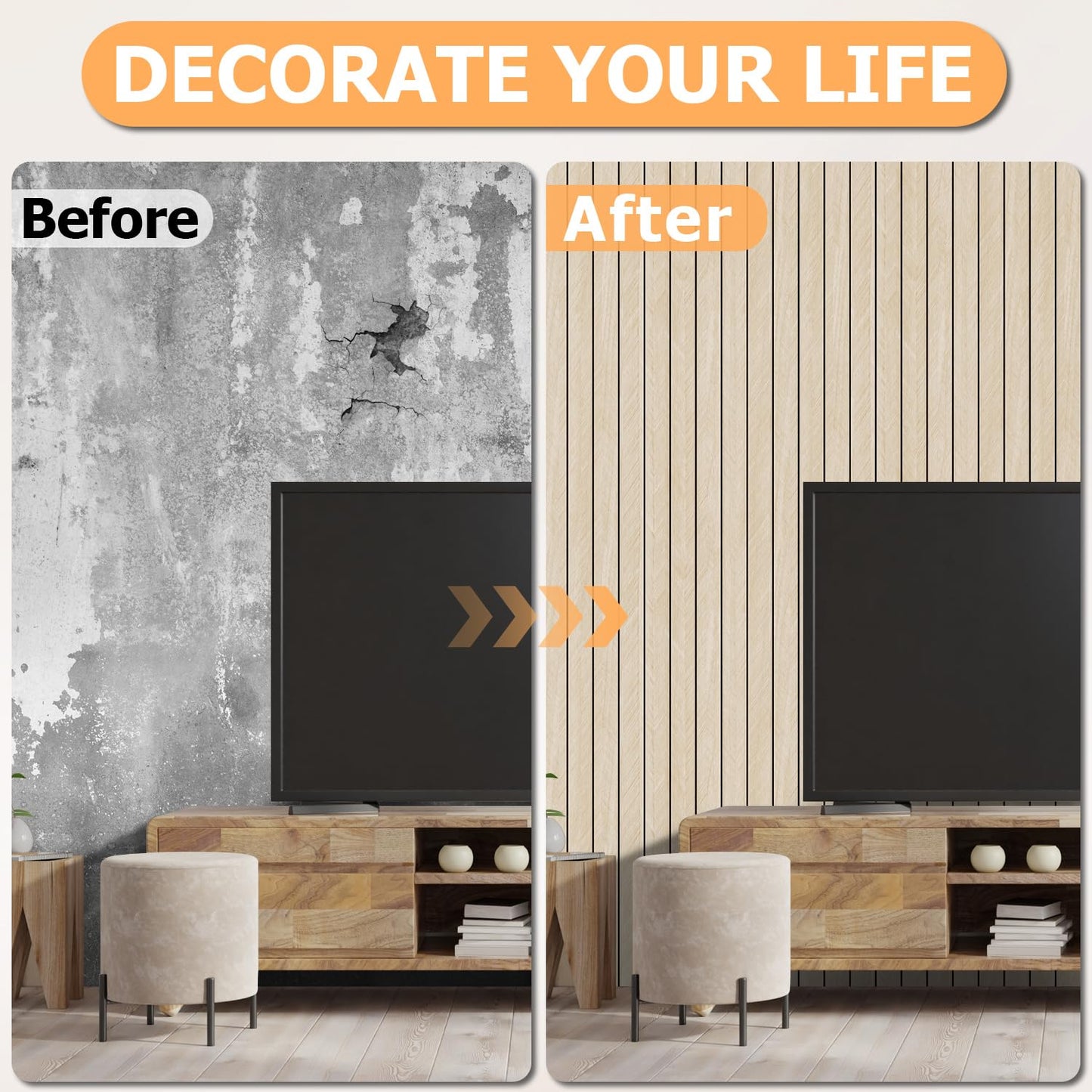 Arthome Peel and Stick Slat Wall Panels 15.7 "x120,Self-Adhesive PVC Wood Grain Wallpaper Panel,3D Thick Faux Soundproof Backsplash Accent Wall Tile for Walls & Furniture (Beige- Coverage 13 Sq.ft)