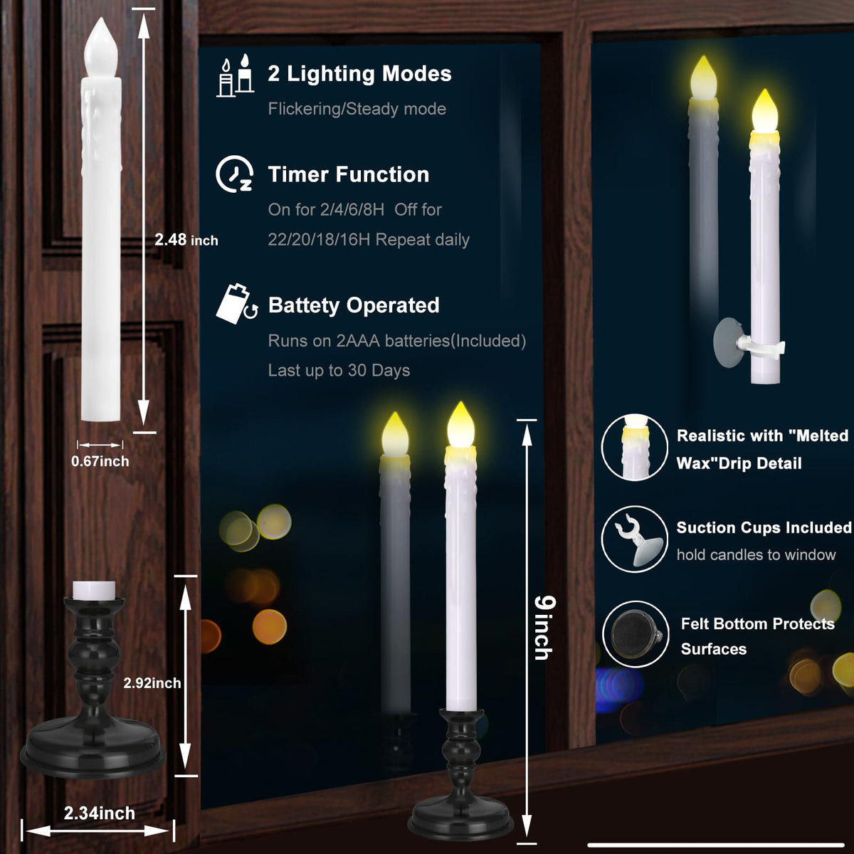 Kithouse Flameless Candles 10 Pack Battery Operated Window Candles with Drip Texture,Remote Timer,10 Removable Candle Holders,Suction Cups,20 AA Batteries for Home Decor Christmas Wedding (Black)