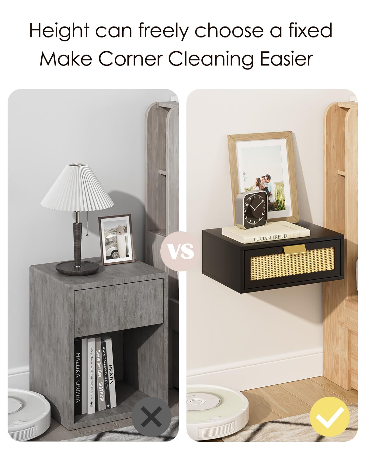 Aienvey Floating Nightstand, Floating Shelf with Drawer, Wall Mounted Nightstand, Floating Bedside Table (Black Rattan)
