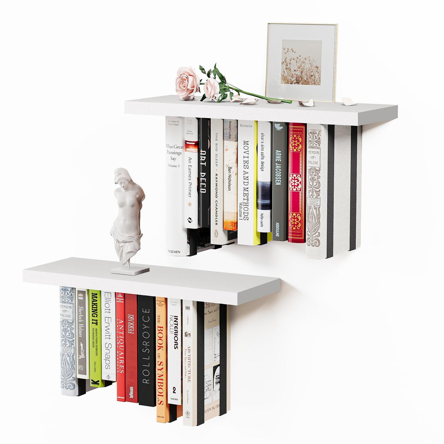 BUTUNITA Floating Bookshelves for Wall, Rustic Wood Hanging Wall Bookshelf, Upside Down Book Shelf and Wall Mounted Bookshelves for Home Decor in Bedroom, Living Room, White 2 Pack