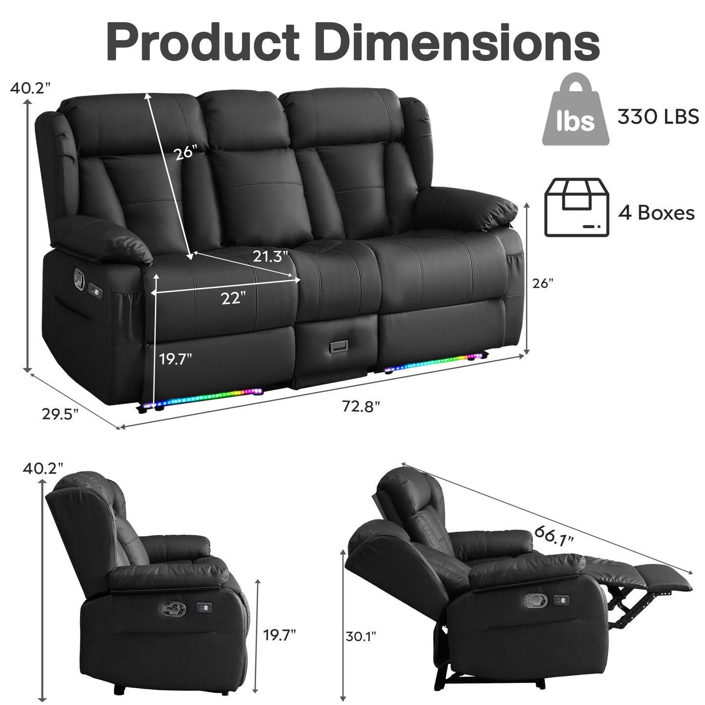 AHMED Loveseat Recliner Sofa with Console, Home Theater Seating with LED Lights, Cup Holders, USB Ports, Side Pockets, 2 Seater Manual Reclining Couch for Living Room, RV, Home Theater, Black