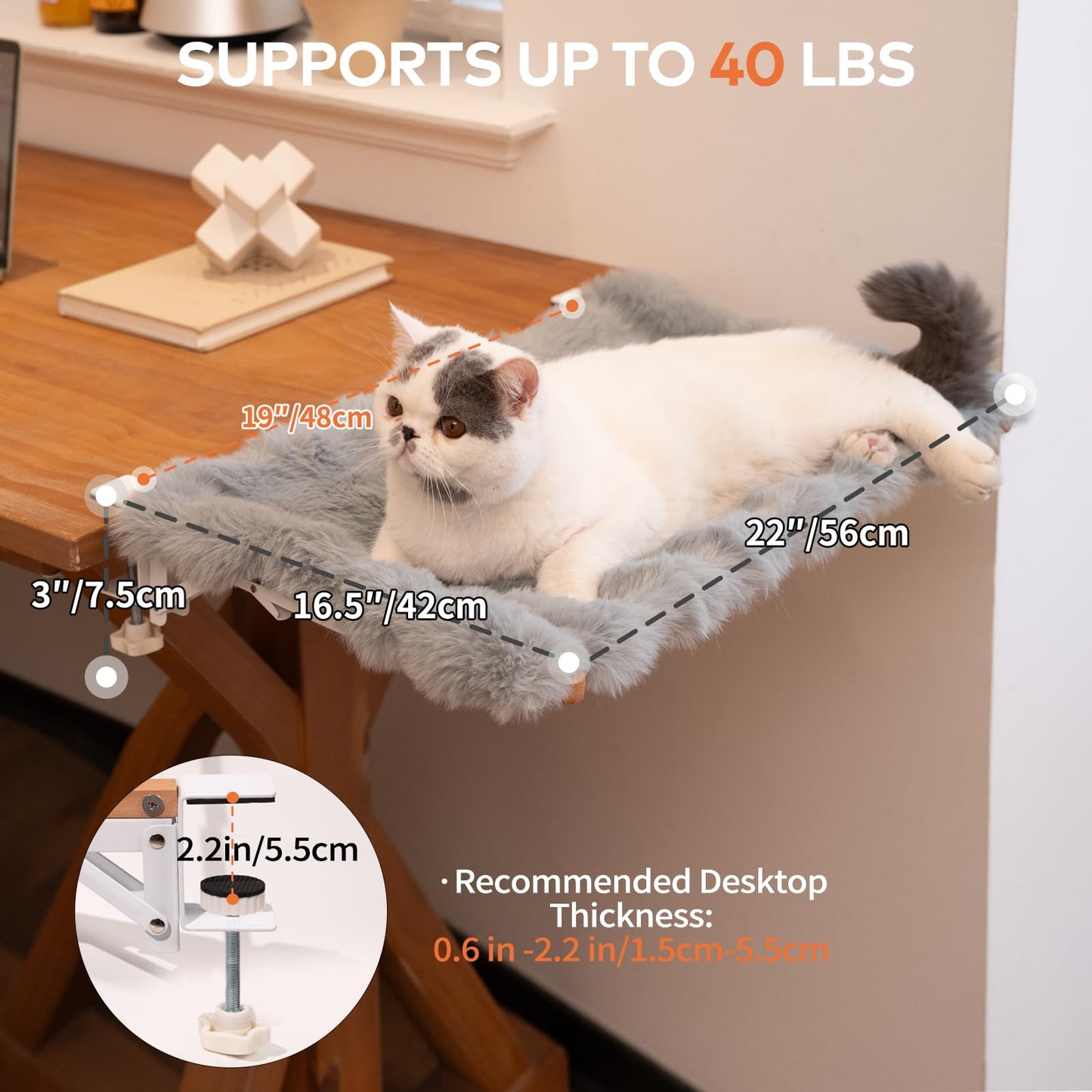 CHEERPALS Cat Desk Bed with Cushion Washable, 90°Fold Down Cat Hammock for Desk Mounted, Indoor Cats Furniture Supports 35lbs Suitable for Small-to-Medium Cats(Grey)
