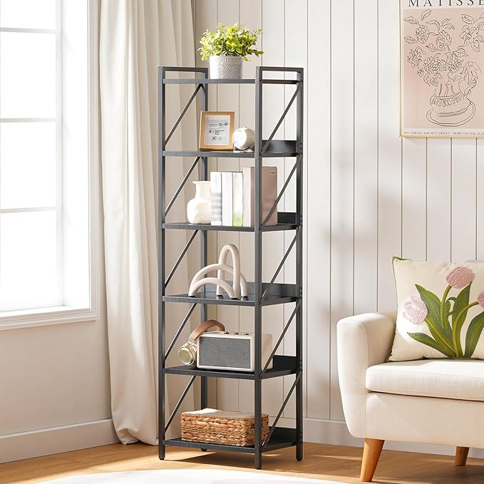 HOOBRO Bookshelf, 6-Tier Industrial Bookcase, Book Shelf Storage Organizer