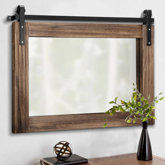 AAZZKANG Wood Mirror Rectangle Large Rustic Wall Mirror 18"x26" with Framed Bedroom Living Room Bathroom Hanging Mirror Horizontal