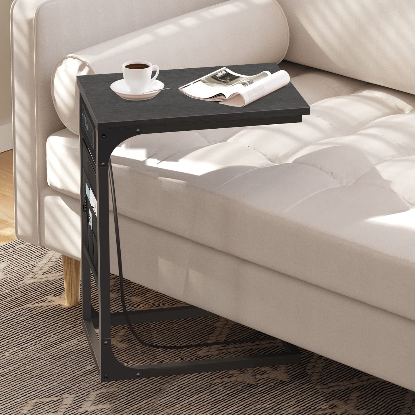 TUTOTAK C Shaped End Table with Charging Station, Side Table for Sofa and Couch with Storage, TV Tray Table with 2 USB Ports & Outlets - Black TB01BK024