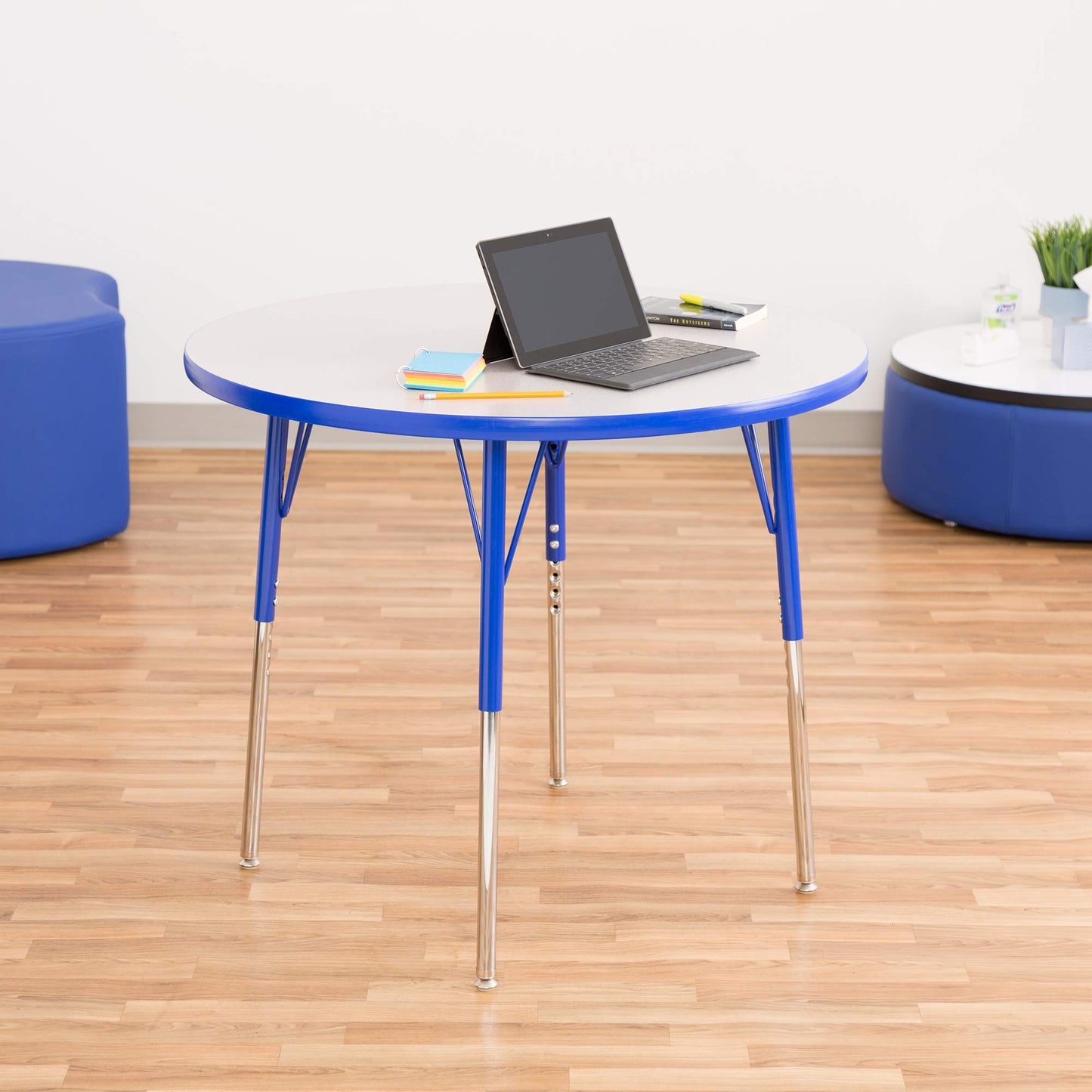 Norwood Commercial Furniture Adjustable Height Classroom Activity Table for Kids & Adults, Round Activity Table for School and Home, 36" D x 36" W x 30" H, Gray/Blue
