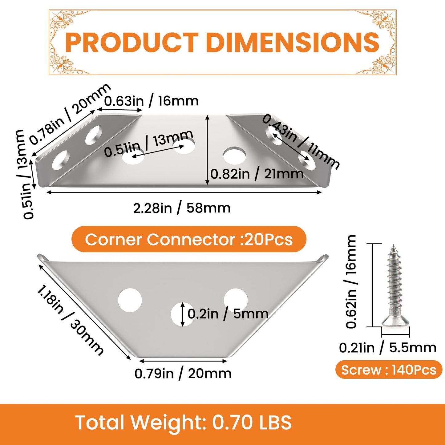 Aifeier ET 20PCS Furniture Corner Connector, Stainless Steel Corner Bracket Furniture Triangle Support Brace Angle Fasten Connector with 140 Screws for Wood Shelf, Cabinets, Tables, Chairs