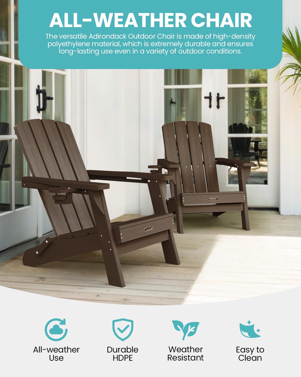SUUNYN Folding Adirondack Chair, HDPE Adirondack Chairs with 2 Cup Holder, Plastic All-Weather Fire Pit Chairs, Outdoor Lawn Chair for Patio Garden (Brown)