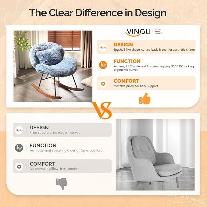 VINGLI 25.6" Extra Wide Criss Cross Nursery Rocking Chair, Cute Curved 115°