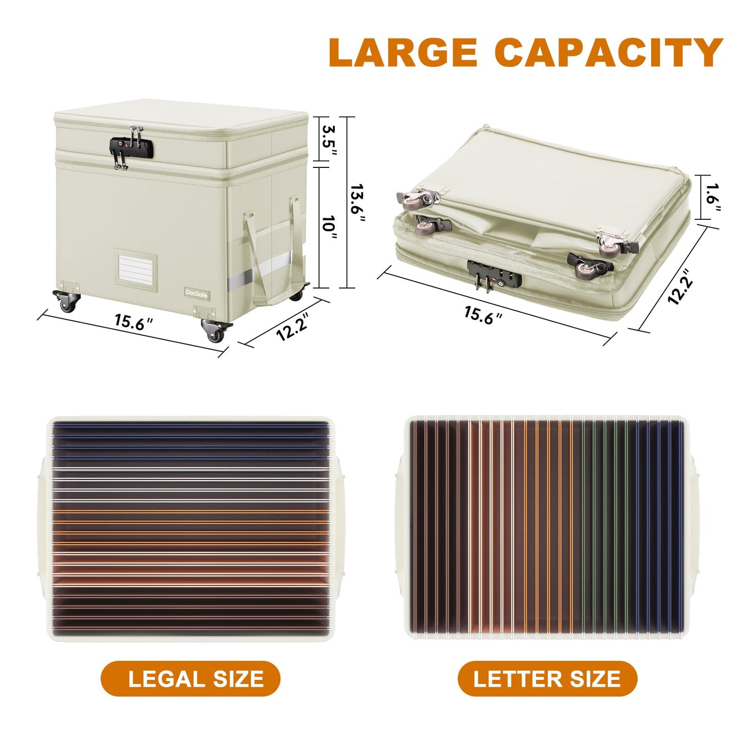 DocSafe Fireproof Document Box with Lock,2-Layer File Box with Wheels,Collapsible File Storage Organizer with Pockets,Large Portable Office Filing Cabinet for Hanging Folders,Beige,16''x13.8''x12.2''