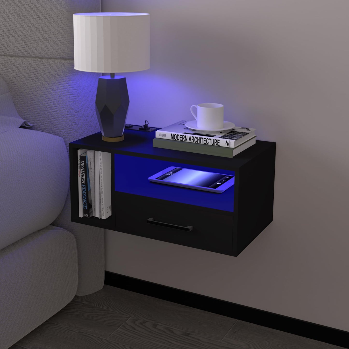 Homaterial Floating Nightstand with Charging Station and LED Lights, Floating Bedside Table with Drawers Wall Mounted Nightstands,for Bedroom Room, 21.3" x 11.8" x 10",Black