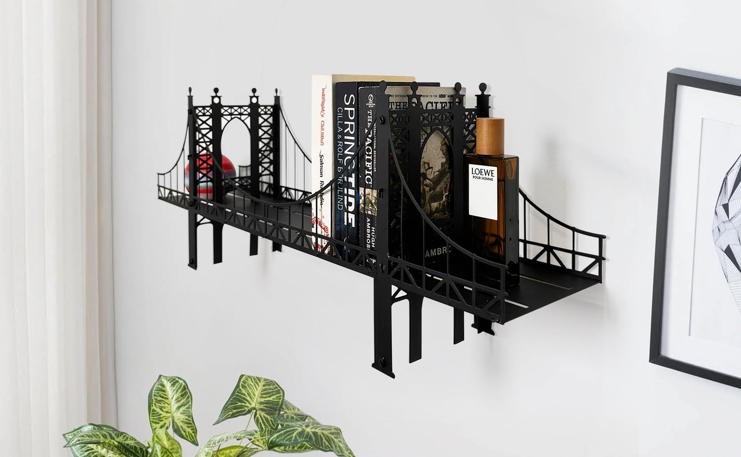 Suspension Bridge Wall Mounted Bookshelf, Black Metal Bridge Design, 26.38 x 10.28 x 5.51 inches