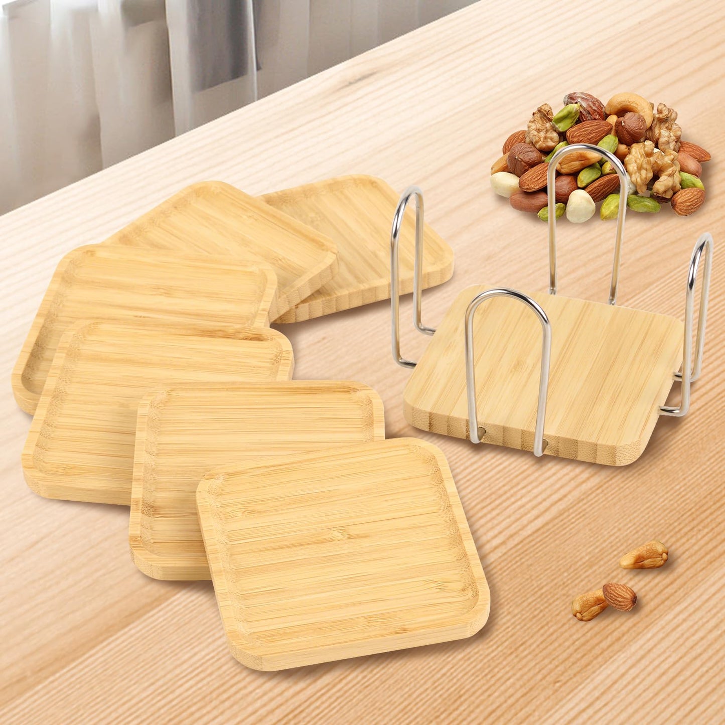 eleganlife Coasters Set of 6 for Coffee Bar Accessories - Bamboo, Drink Coasters with Holder for Home Decor and Wooden Small Snack Trays Set - Portable for Home, Office and Relaxation