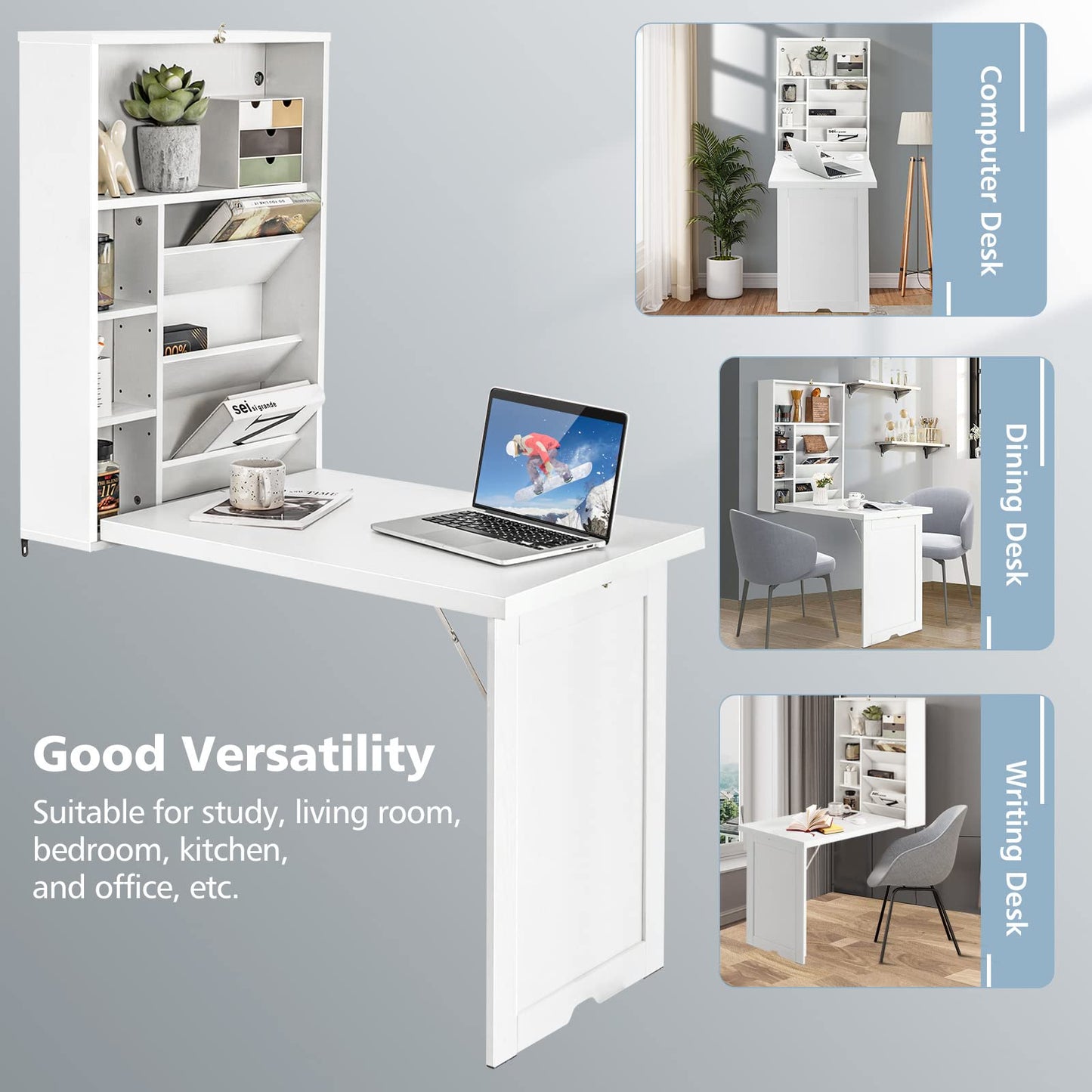 GOFLAME Wall Mounted Folding Desk, 3-Tier Tilt Storage Partition With Adjustable Shelves, Space-Saving Floating Laptop Desk, Convertible Writing Table for Home Office, White