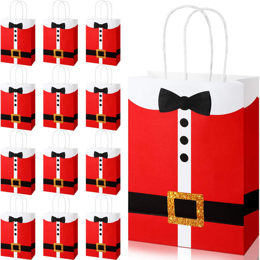 16 Large Santa Clause Suit Print Bags with Handle, Durable Kraft Paper Present Wrapping Bags for Xmas Party Supplies, 6.3 x 3.1 x 8.7 Inches