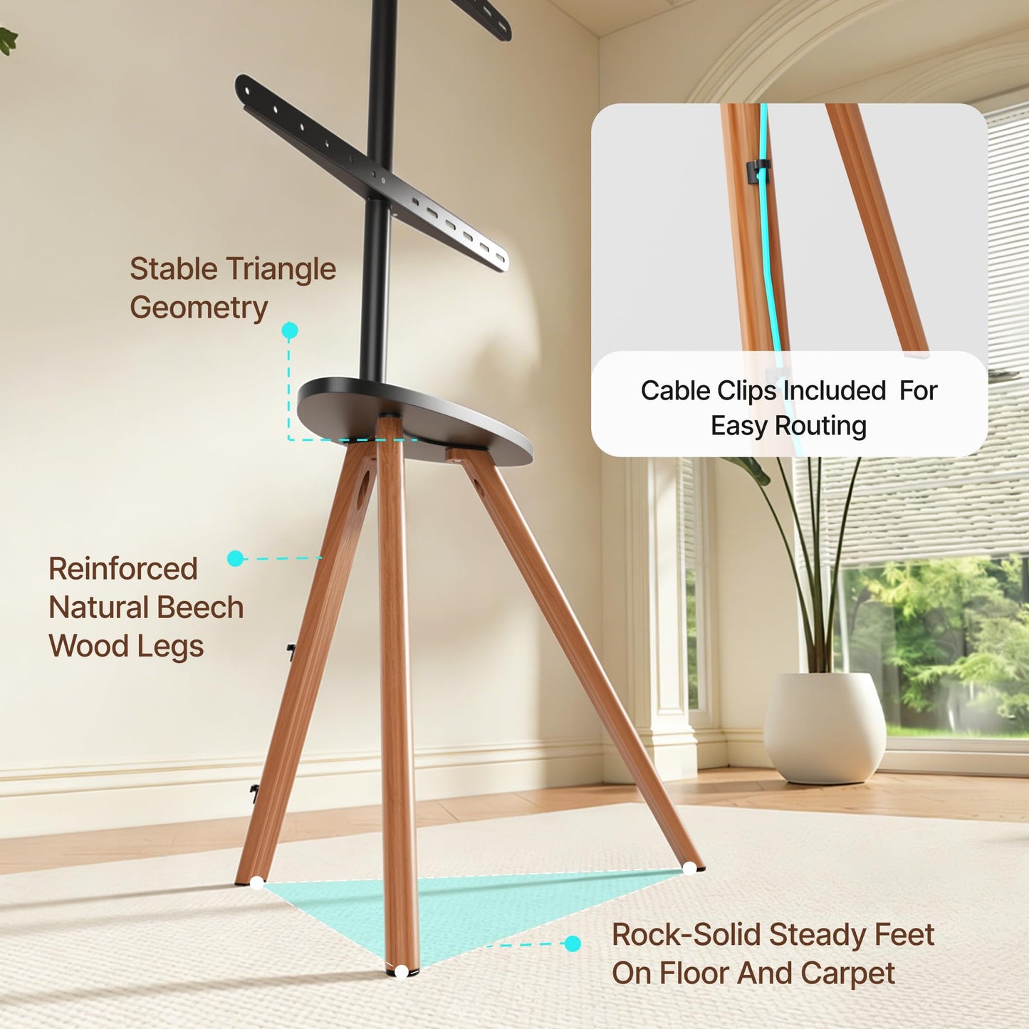 Pegzone Wood Easel Tv Stand with Artistic Droplet-Shaped Shelf for 45 to 65 Inch Tvs, Swivel Height Adjustable Portable Tripod Tv Stand-Vesa Required Max 600 * 400 mm, up to 88 lbs, Black Walnut
