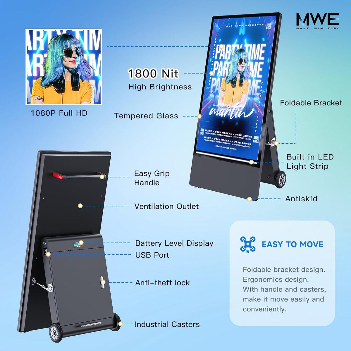 MWE 43 Inch Outdoor Digital Signage Display, Portable Battery Powered High Brightness Screen Advertising Display Kiosk, Movable Waterproof Digital Poster, Android Kiosk