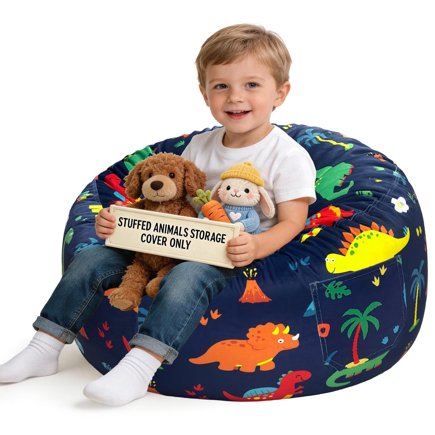 Lukeight Dinosaur Stuffed Animals Storage Bean Bag Chair Cover for Kids Toddlers, Cozy Velvet Plush Toy Organizer Seat, Cover Only, No Filling Included, Long YKK Zipper, Side Pocket, Large 27 x 16 in