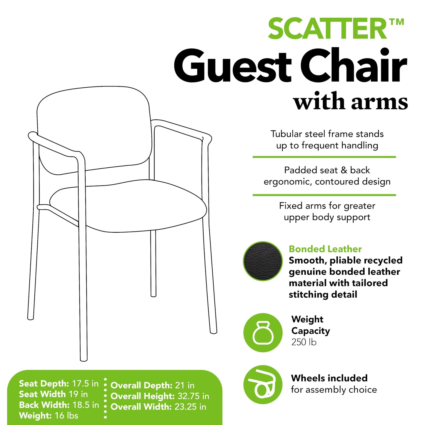 HON Scatter Leather Guest Office Chair with Arms, Stackable Seating for Waiting Rooms, Lobbies, Conference Areas, and Offices, Side Chair for Reception and Training Spaces, Black