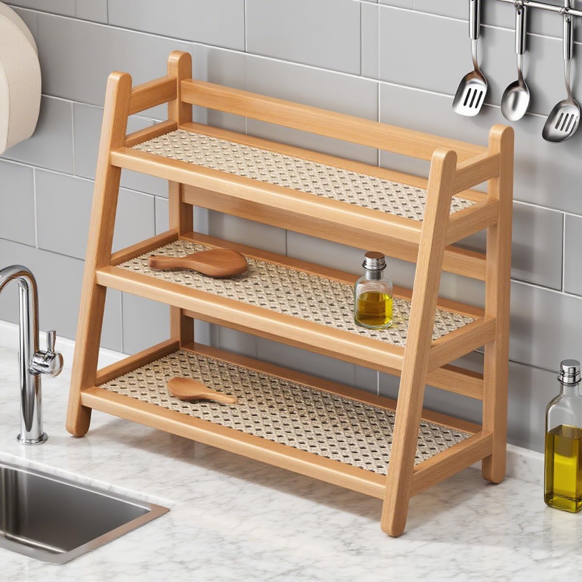 Heoclao Three Tier Wooden Storage Shelf, Bamboo Ladder Shelf, Desk Tabletop Rack, Seasoning Storage Rack for Home, Office, Kitchen