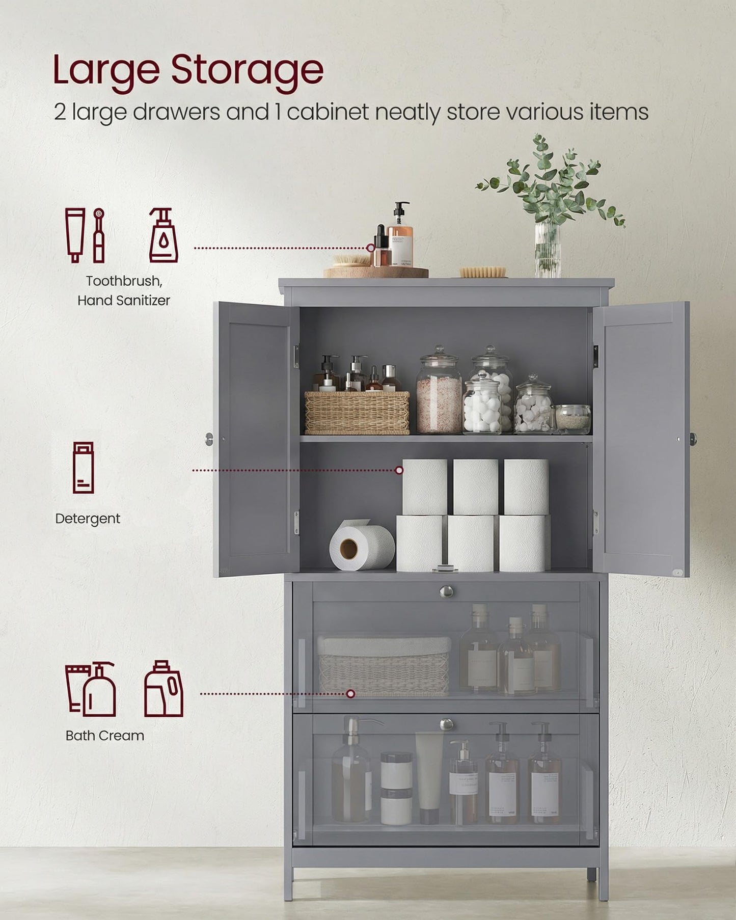 VASAGLE Floor Storage Cabinet, Freestanding Storage Unit with 2 Drawers and 2 Doors, Adjustable Shelf, 11.8 x 23.6 x 43.3 Inches, for Entryway, Bathroom, Dove Gray UBBC551G02V2