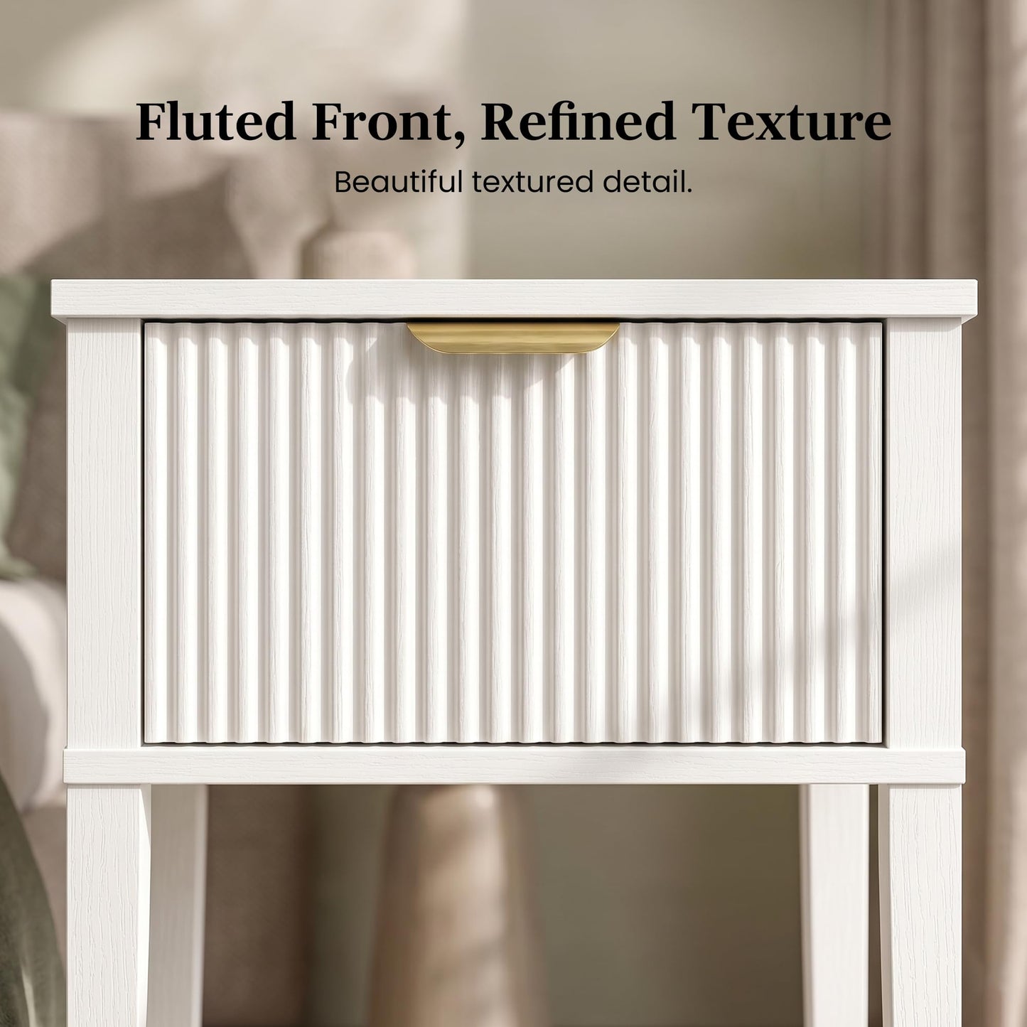 RIHHA Modern Fluted Small Wood Nightstand, 11.8" Deep x 15.4" Narrow Bedside Table with Drawer & Open Shelf, Farmhouse Chic Accent Side Table for Bedroom & Sofa - White