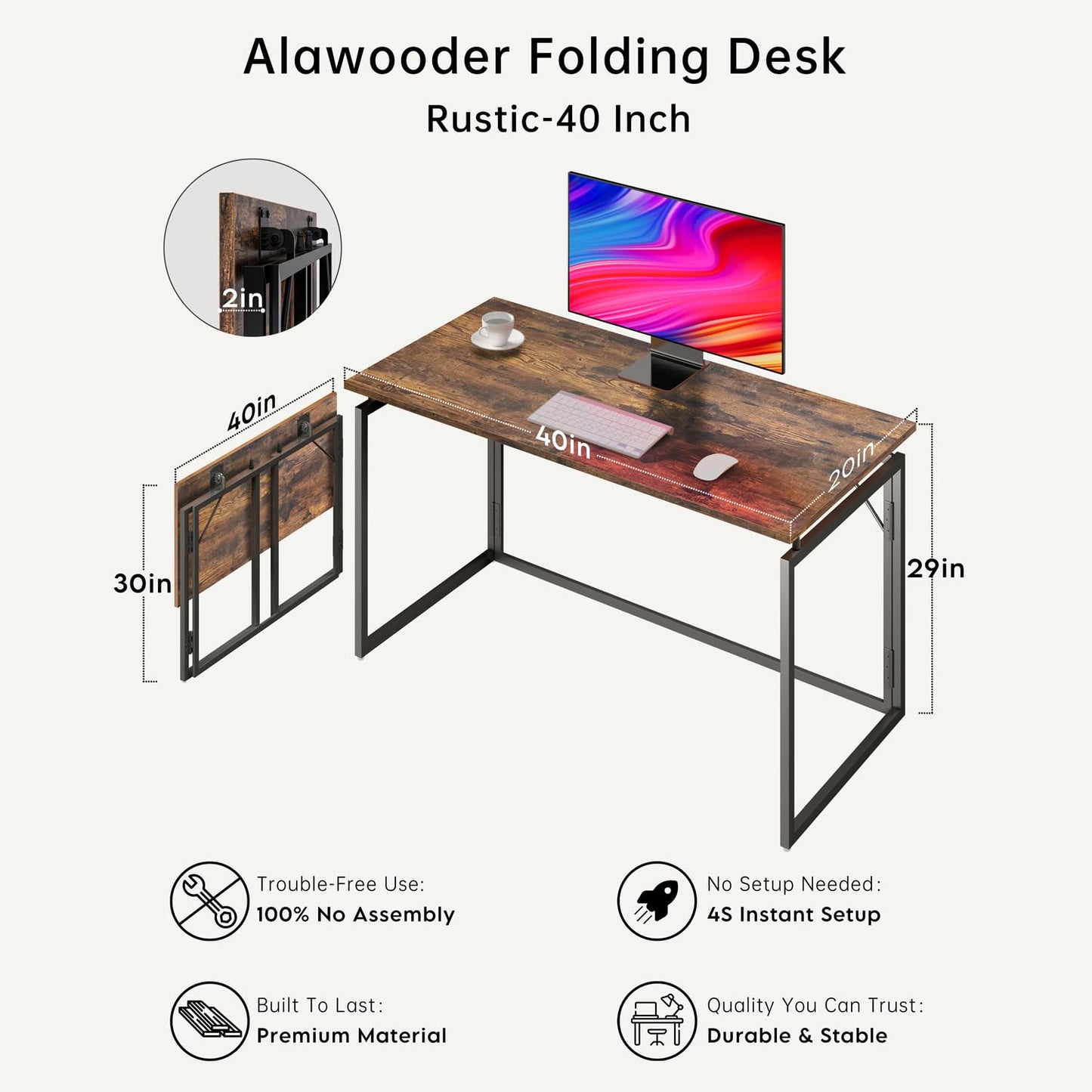 alawooder Folding Desk - 39.4” Wood Top Foldable Desk for Small Spaces | No Assembly Required Compact Desk for Home Office, Writing, and Study