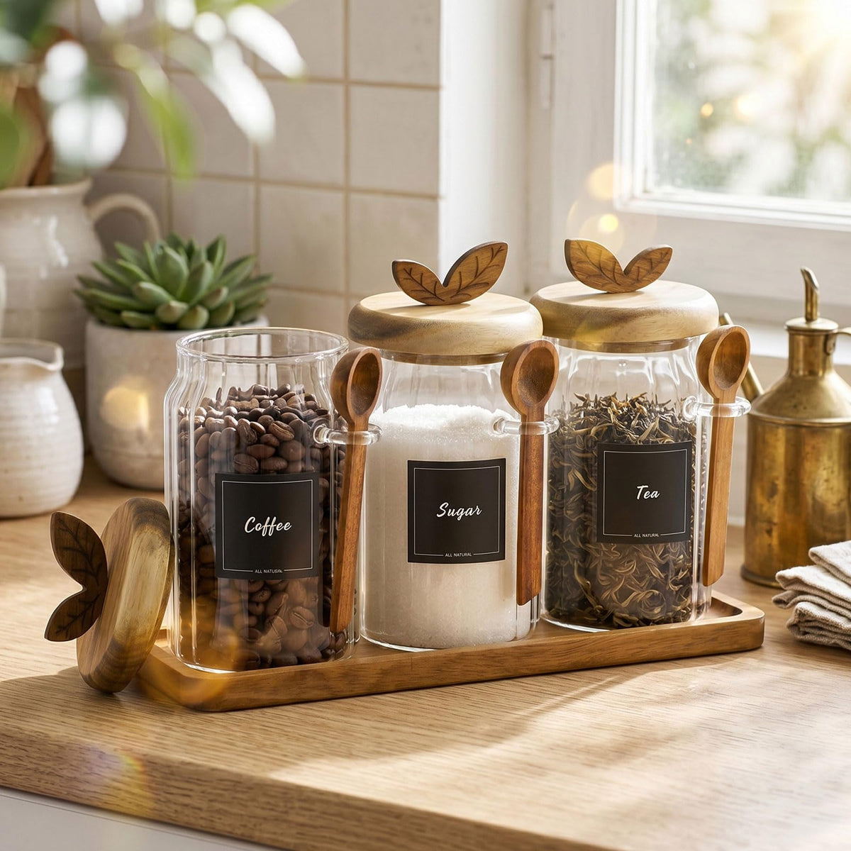 Suclain 3 Sets Glass Coffee Sugar Tea Canister 27 oz Airtight Food Storage Jar with Wooden Lid Spoon Shelf Labels Clear Glass Container for Sugar Coffee Bean Holder Salt Tea Housewarming Gift