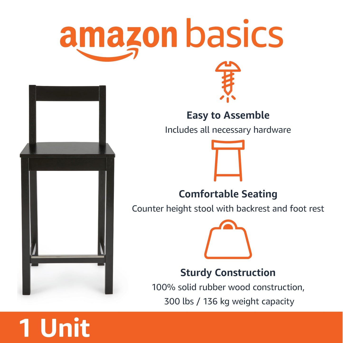 Amazon Basics Wooden Counter Height Bar Stool with Backrest for Kitchen Island, Home Bar, 24", Black, 1 Unit