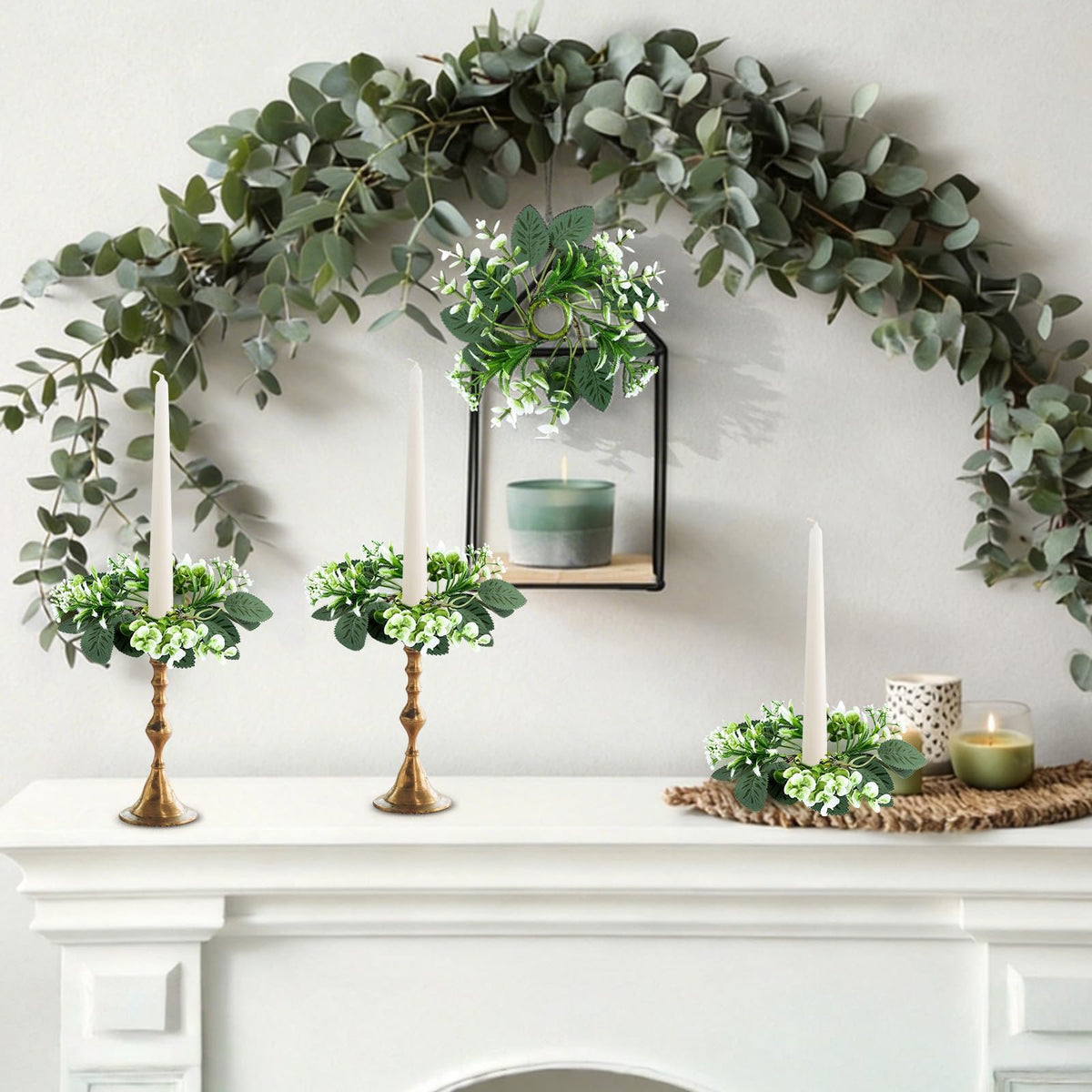 6 PCS Eucalyptus Taper Candle Rings Wreaths 1.38" Mini Spring Summer Floral Taper Candle Holder Wreaths Artificial Greenery Leaves Table Centerpieces Wreath for Farmhouse Home Candlesticks Decor