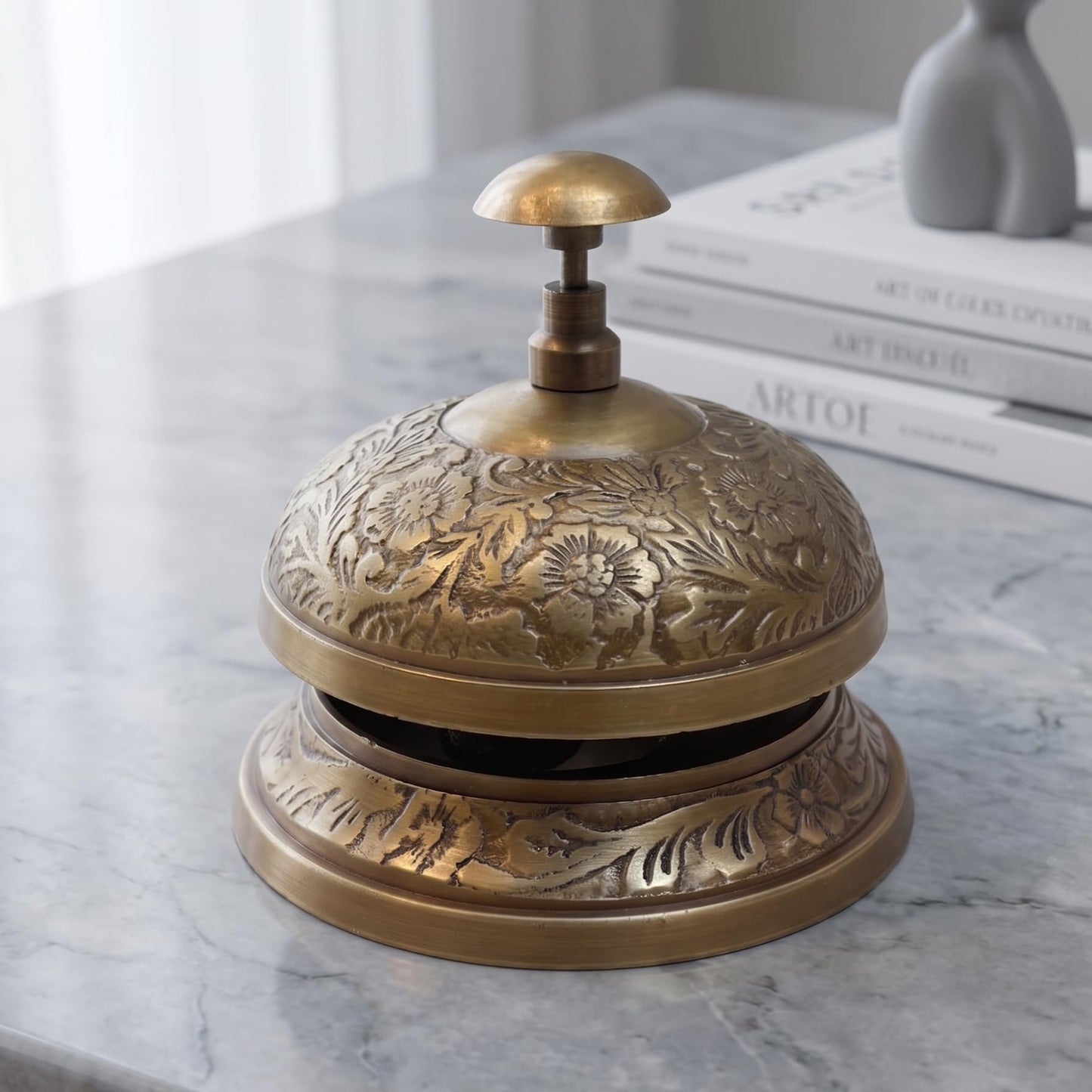 Antique Brass Desktop Bell – Vintage Style Service Desk Bell – Classic Counter Call Bell for Reception, Hotel, Office, Restaurant