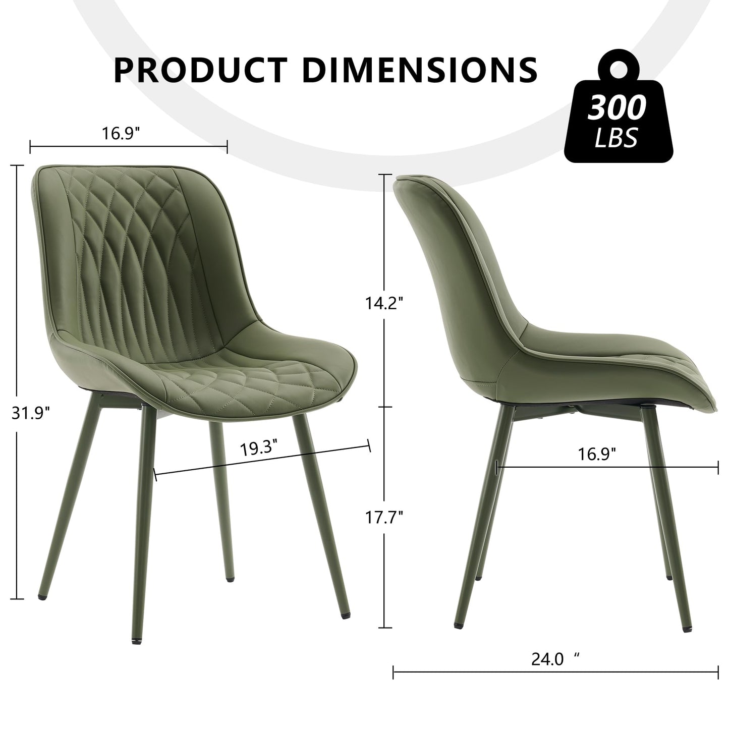 YOUNIKE Olive Green Faux Leather Dining Chairs Set of 2 Mid-Century Modern High Padded Back Comfy Upholstered Kitchen Chairs with Metal Legs Wide Seat Accent Side Chair for Dining/Living/Waiting Room
