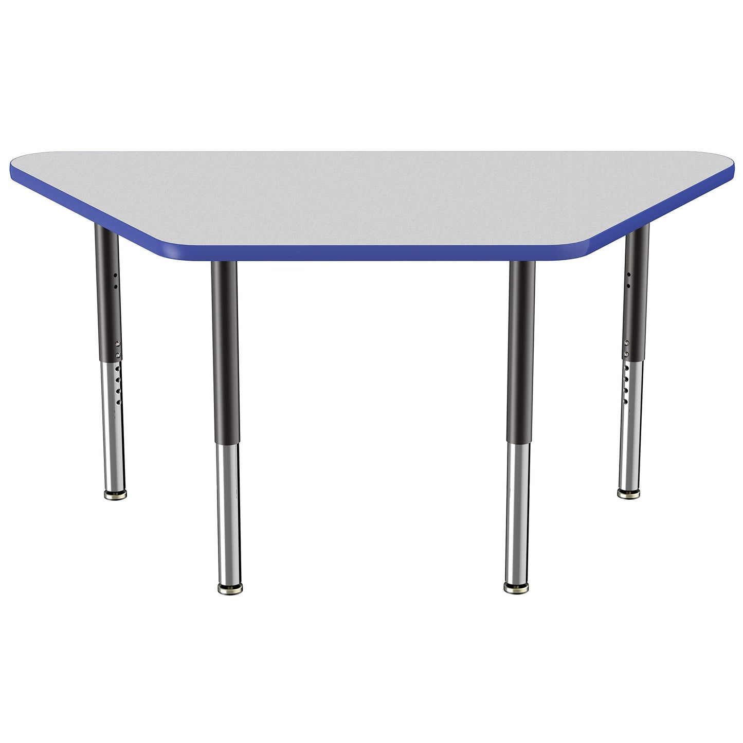 FDP Mobile Trapezoid Activity School and Office Table (30 x 60 inch), Super Legs with Glides and Casters for Collaborative Environments, Adjustable Height 19-30 inches - Gray Top and Blue Edge