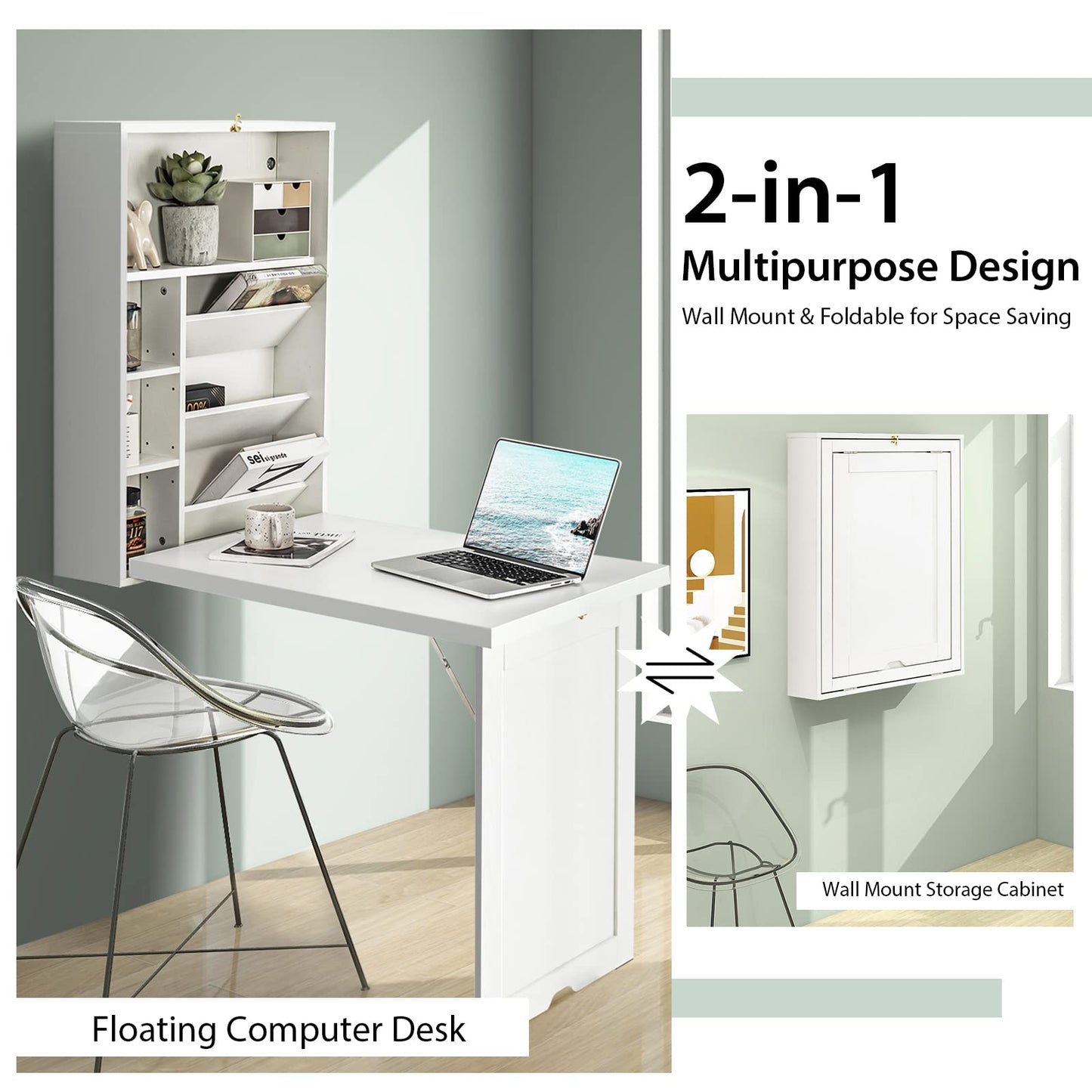 Byroce Wall Mounted Desk, Wood Collapsible Floating Desk, Convertible Computer Desk with Storage Area, Hanging Fold Out Table for Home Office, Small Spaces (White)