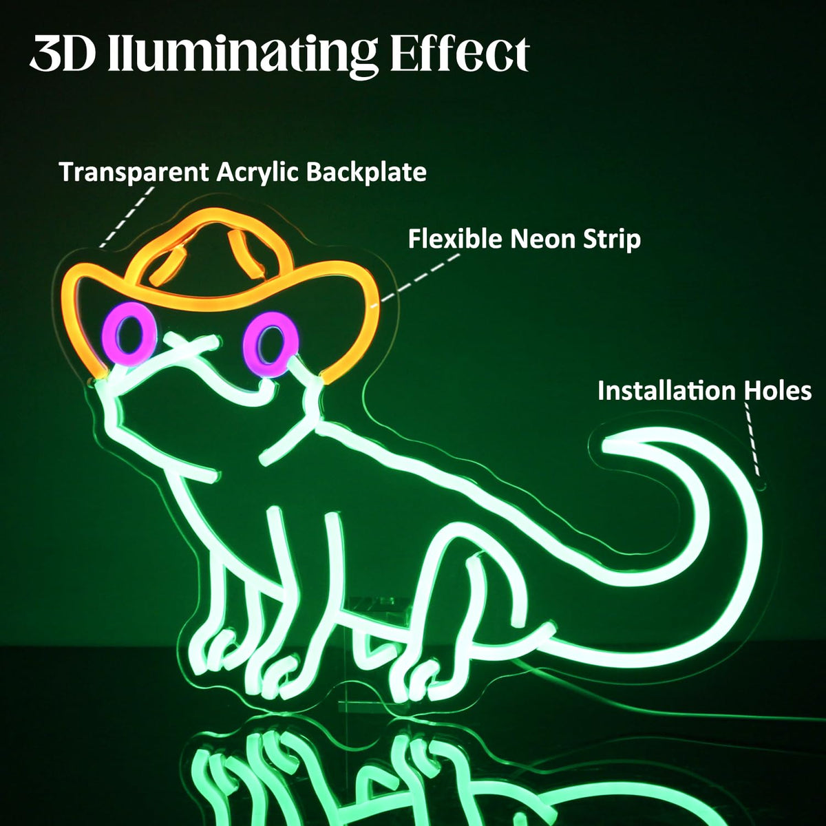 Cowboy Green Iguana Neon Sign Lizard Neon Lights Reptile with Cowboy Hat LED Signs for Wall Decor Anime Neon Light Sign Animal Light Up Signs for Kids Bedroom Game Room Birthday Party Decor