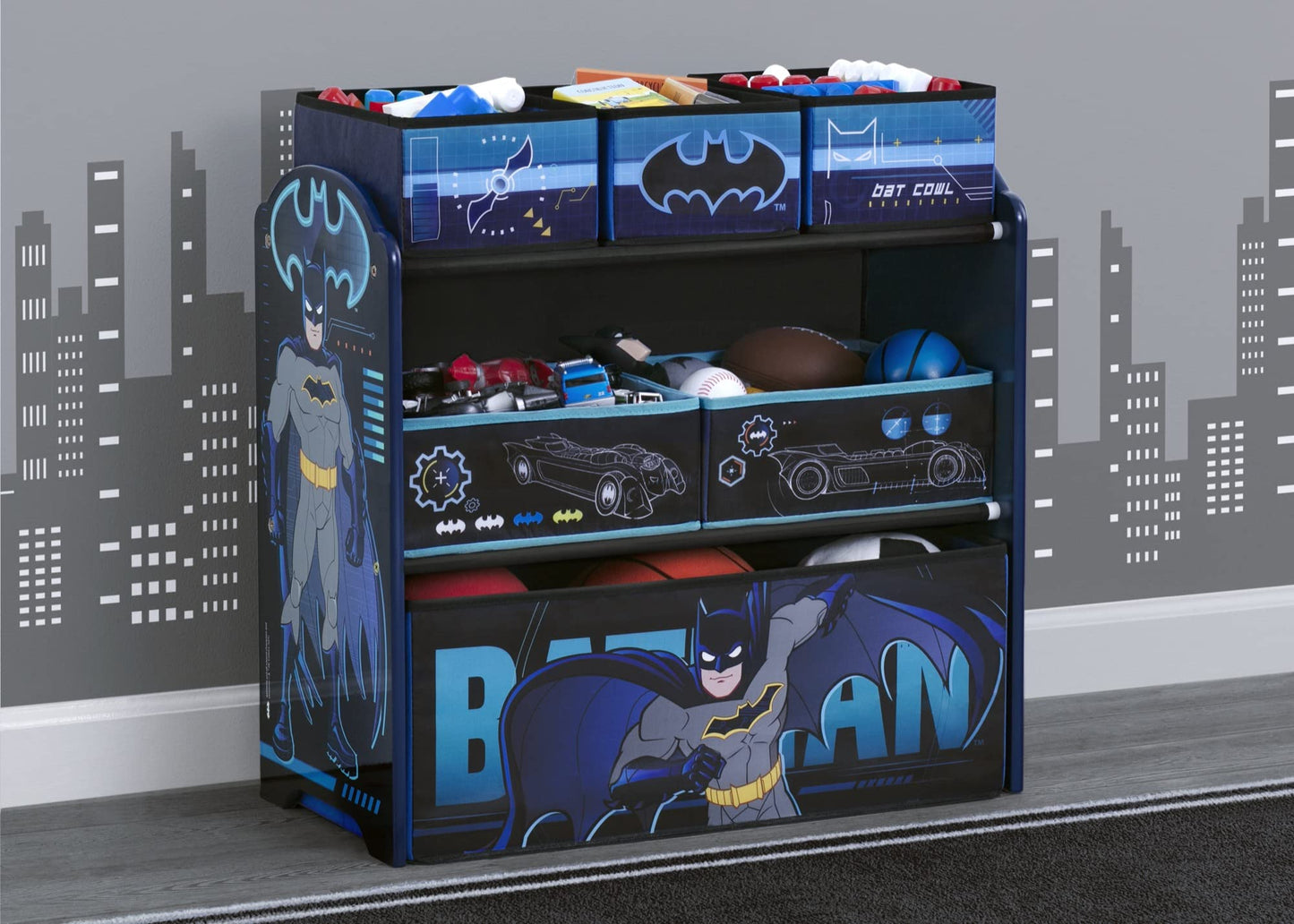 Delta Children Batman Cozee Flip-Out Sofa - 2-in-1 Convertible Sofa to Lounger for Kids Design & Store 6 Bin Toy Storage Organizer, Batman,Engineered Wood