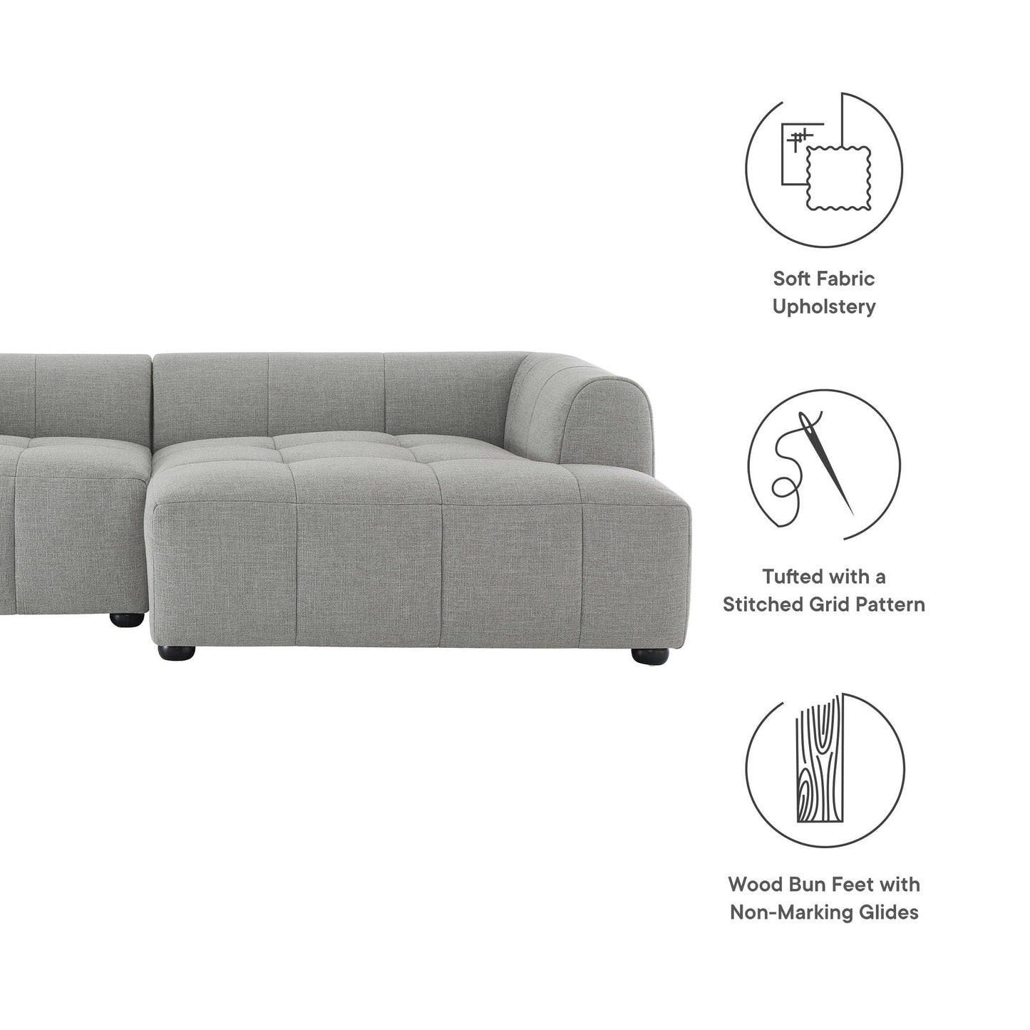 Modway Liana Right-Facing Modular Sofa with Chaise in Pewter - Modern Sectional Sofa Couch Furniture Set - Upholstered Fabric Chaise and Chair for Living Room, Lounge, Apartment