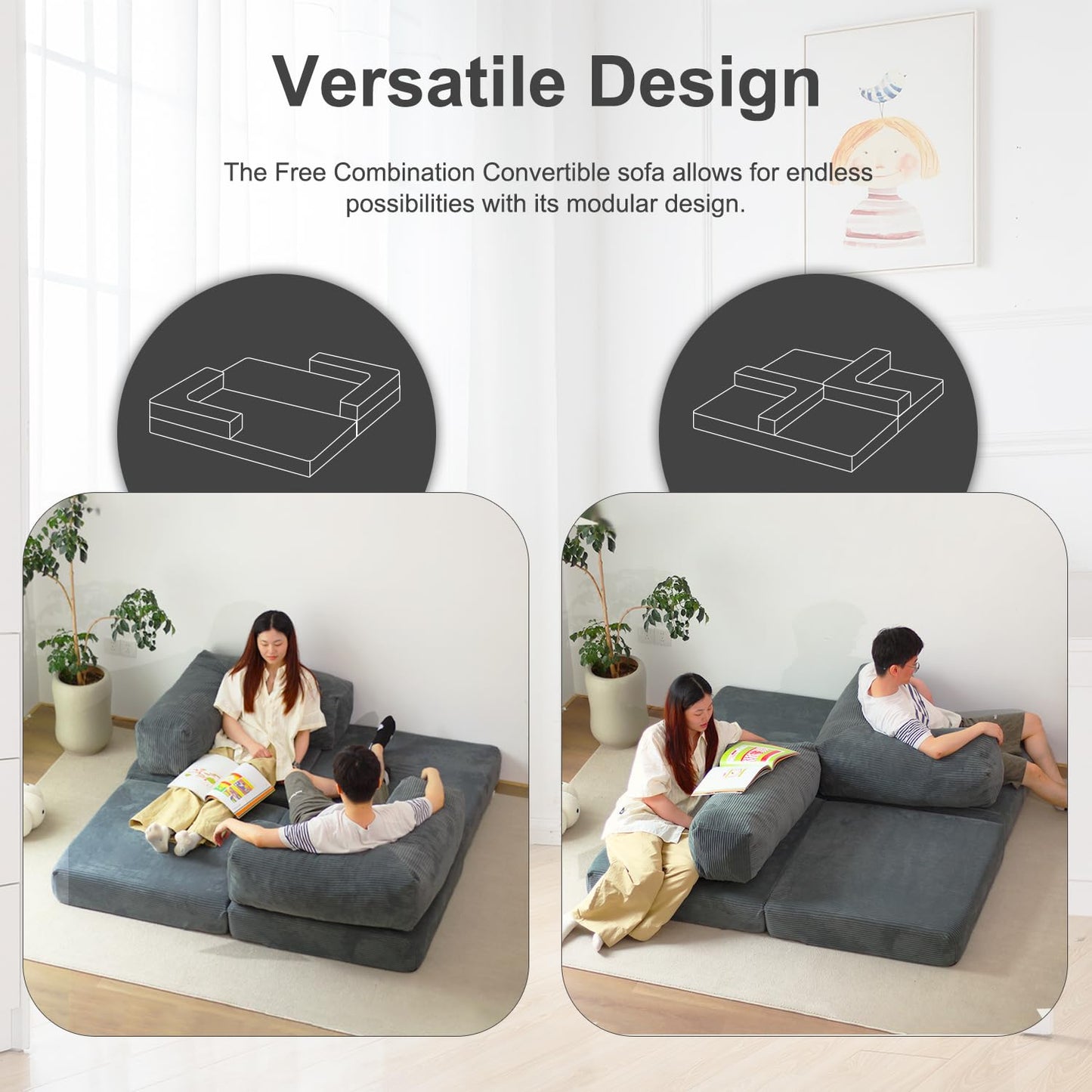 Free Combination Convertible Folding Sofa Bed, Armless Foam Floor Sofa, Sleeper Floor Couch for Living Room and Bedroom Sleeper Chair with Pillow Twin Size (Frost Grey)