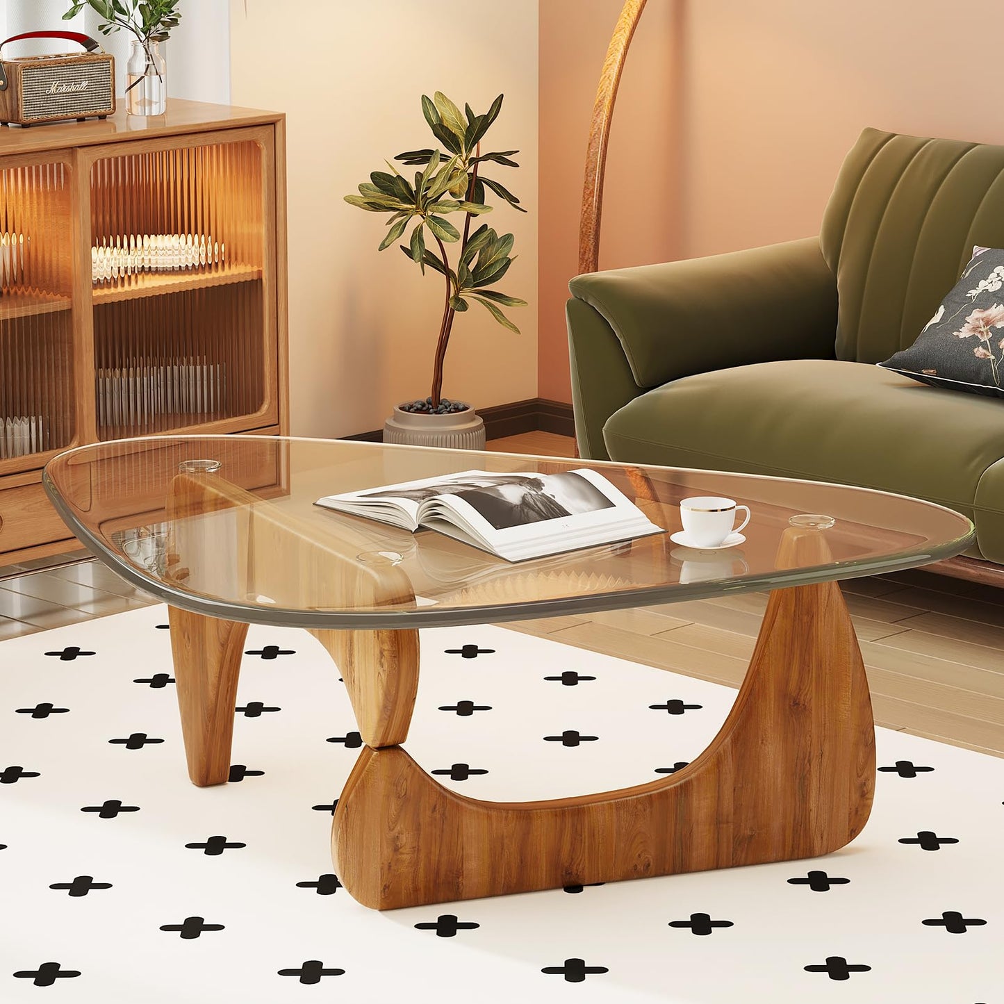 JCAJCA Coffee Table for Living Room Mid Century Modern Center Table with Glass Top and Wood,36 Inch, Transparent/Walnut