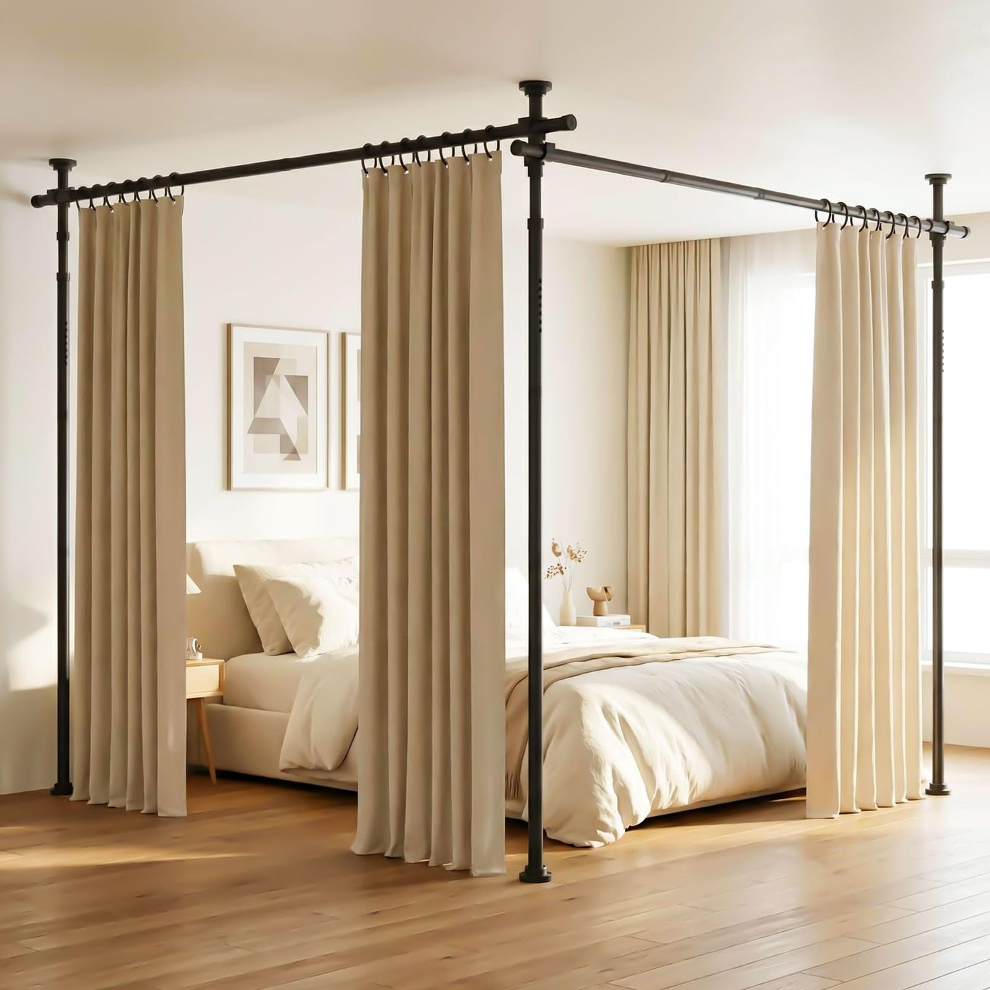 Fazlino Room Divider No Drilling, 28-140 Inch Wide Adjustable Curtain Rod, 4-10ft Height Heavy Duty Partition Space Separator, Freestanding Tension Rod for Room Separation, Black