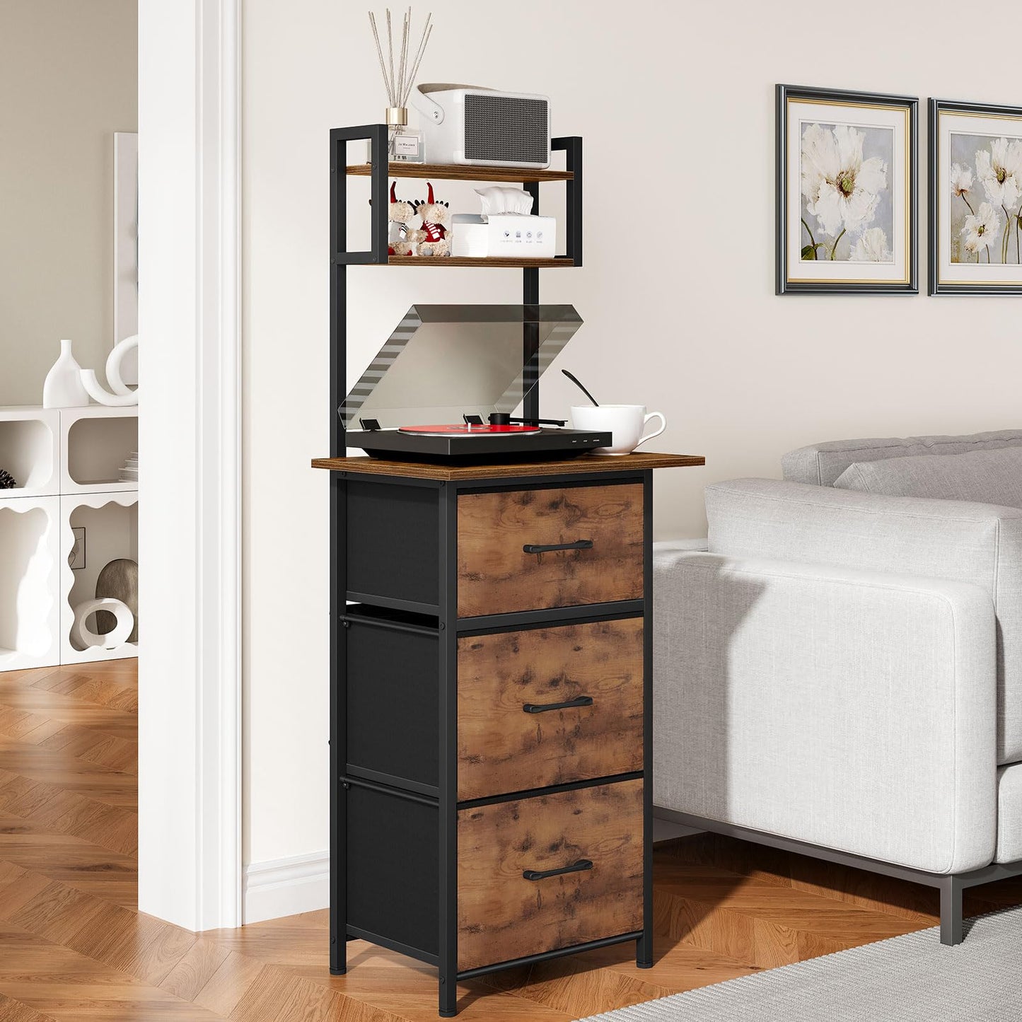 Snughome 3 Drawer Tall File Cabinet with 19.7'' Extended Desktop, 3-Tier Filing Cabinet for Home Office 51.6''H Vertical File Cabinet Printer Stand with Drawers, Fits A4/Letter/Legal,Rustic Brown